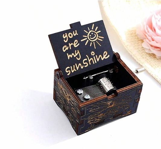 Wooden Music Box, Hand Cranked Laser Engraved Small Musical Boxes for Kids, Play You are My Sunshine Melody