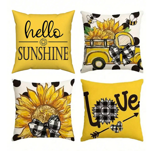 4pcs Sunflower & Car Printed Square Pillowcase Without Pillow Inner, Spring Summer Rural Style Decorative